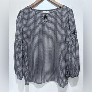 Max Studio ‎ Black & White Geometric Print Balloon Long Sleeve Blouse Size M